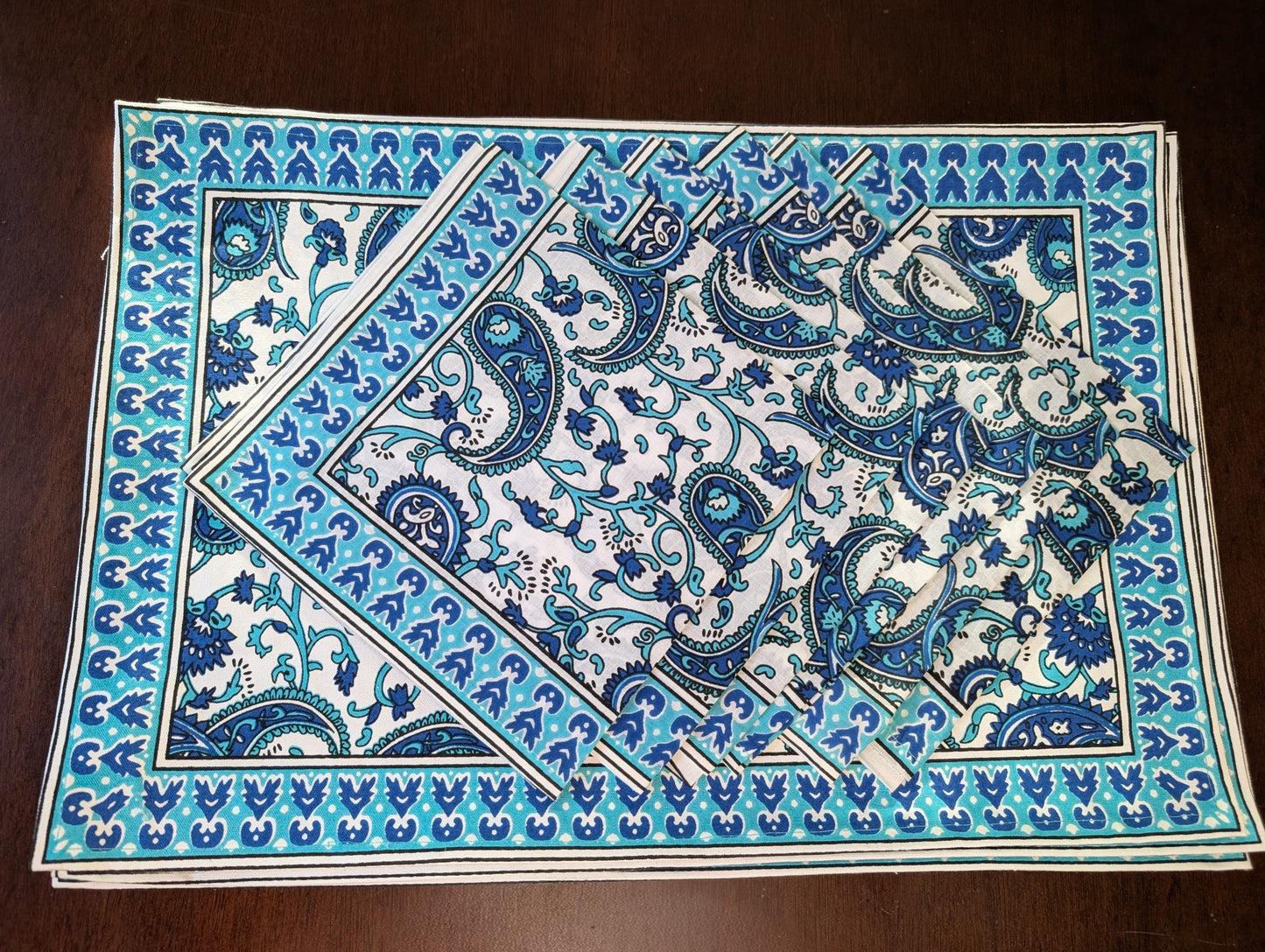 Blue Indian Paisley Block-Printed Table Linen