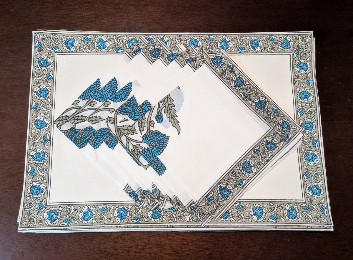 cotton table linen sets placemat napkin runner with blue and white tulip floral pattern