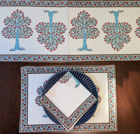 cotton table linen sets placemat napkin runner with pink apple trees in blue and red tree pattern