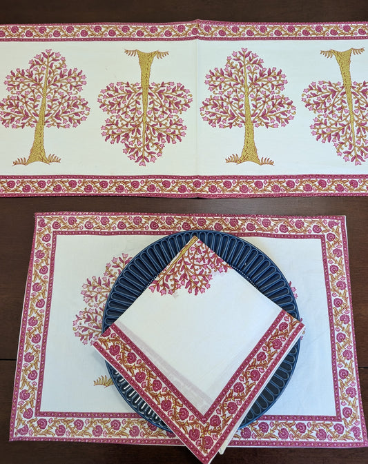 cotton table linen sets placemat napkin runner with pink apple trees in red pink and yellow pattern