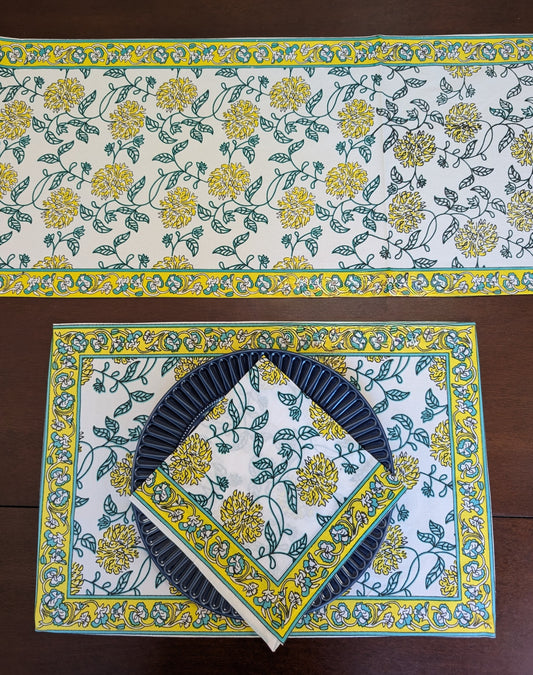 cotton table linen sets placemat napkin runner with yellow marigold floral pattern
