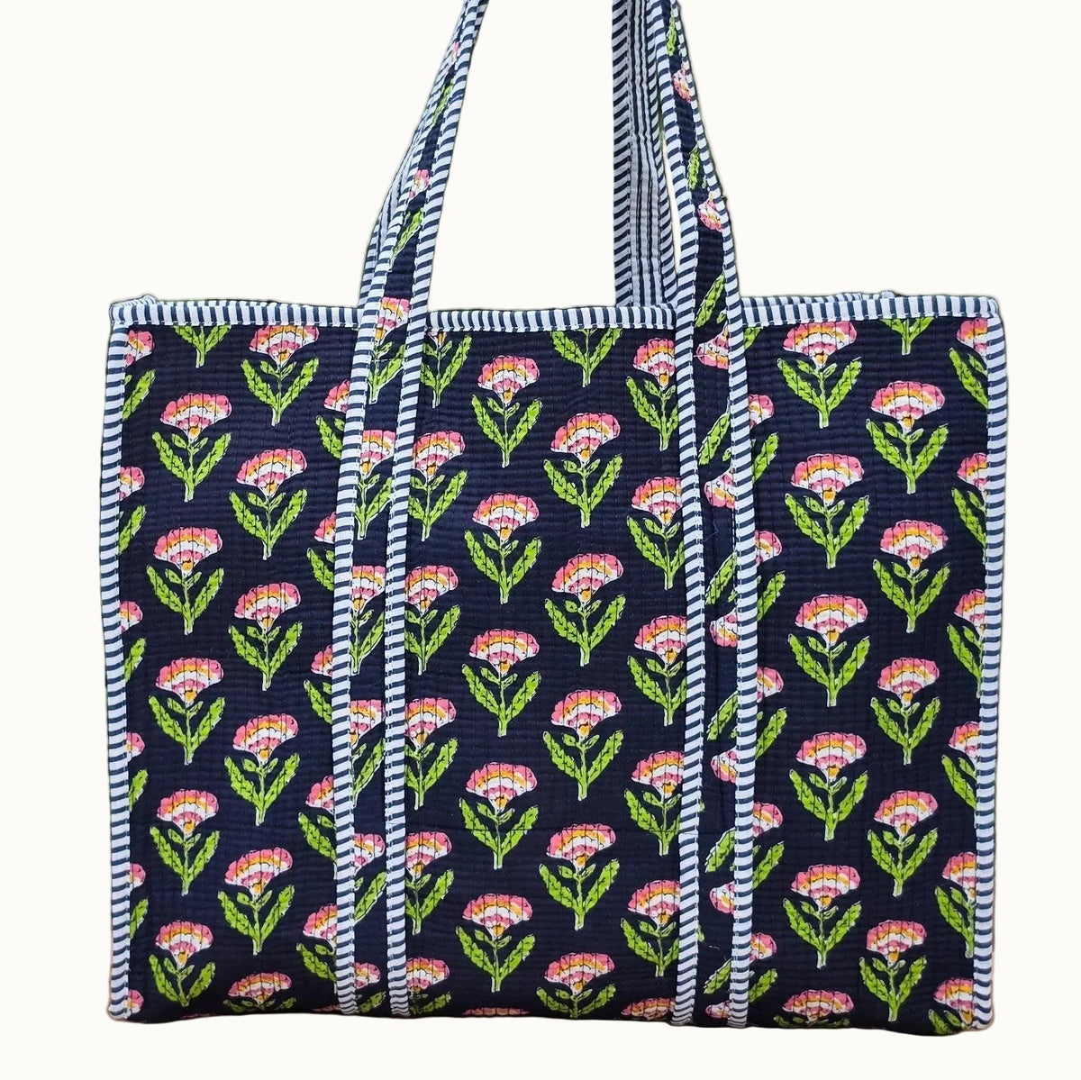 blue pink and orange floral print quilted cotton tote bag reversible machine washable with pockets plain image