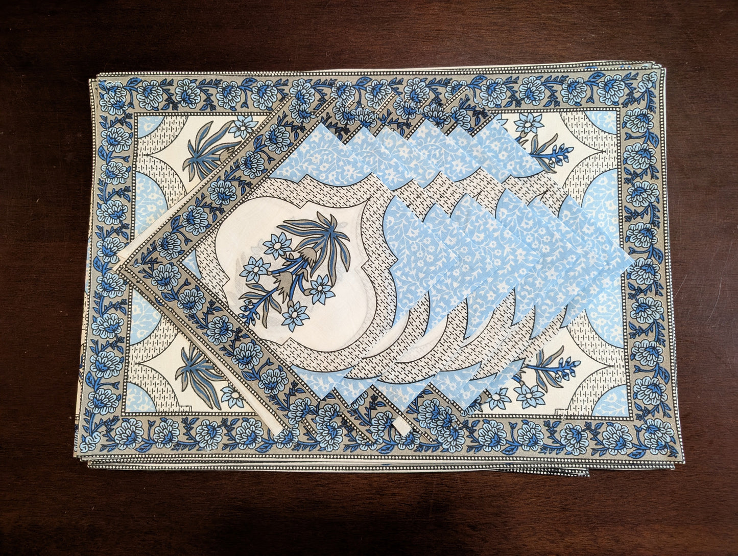 Blue Geometric Block-Printed Table Linen