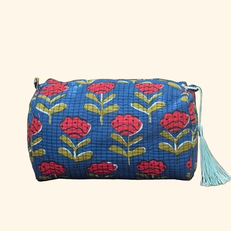 Red Tulips in Blue Make-up Bag