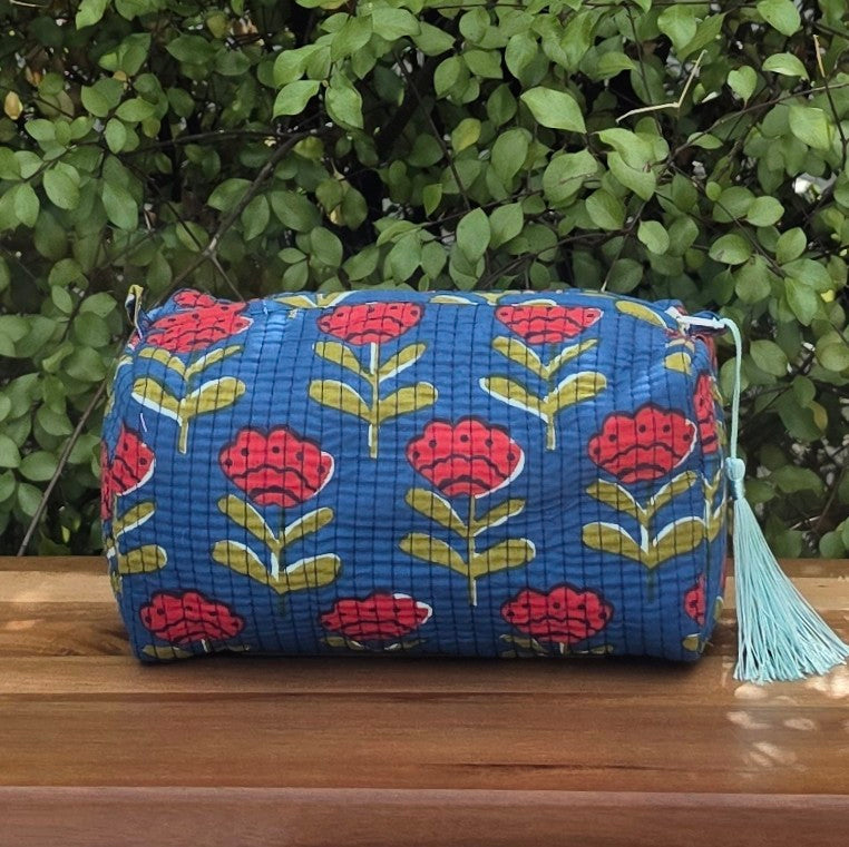 Red Tulips in Blue Make-up Bag