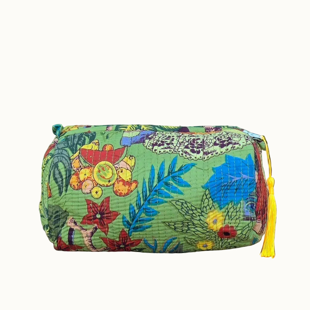 Freida kahlo jungle floral print makeup bag with tassles and waterproof lining and pockets