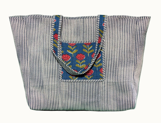 Red Tulips in Blue Tote Bag