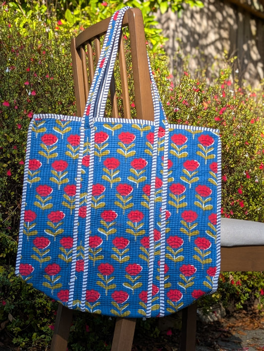 Red Tulips in Blue Print