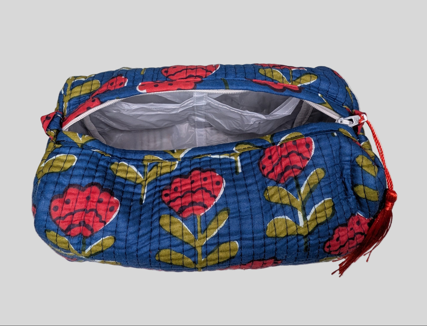 Red Tulips in Blue Print