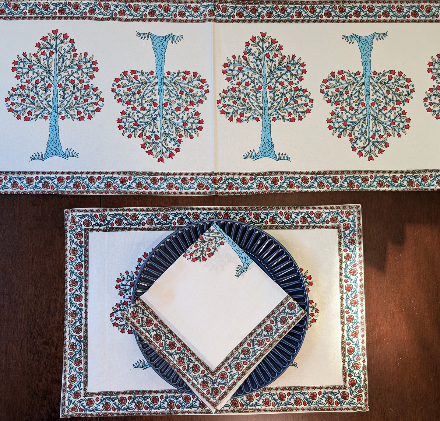 Blue Apple Trees Block-Printed Table Linen