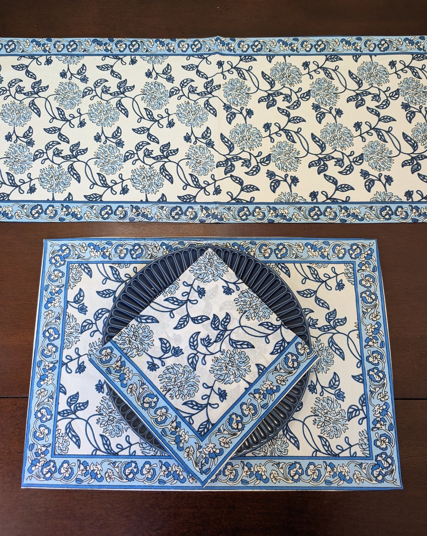 Blue Marigold Block-Printed Table Linen