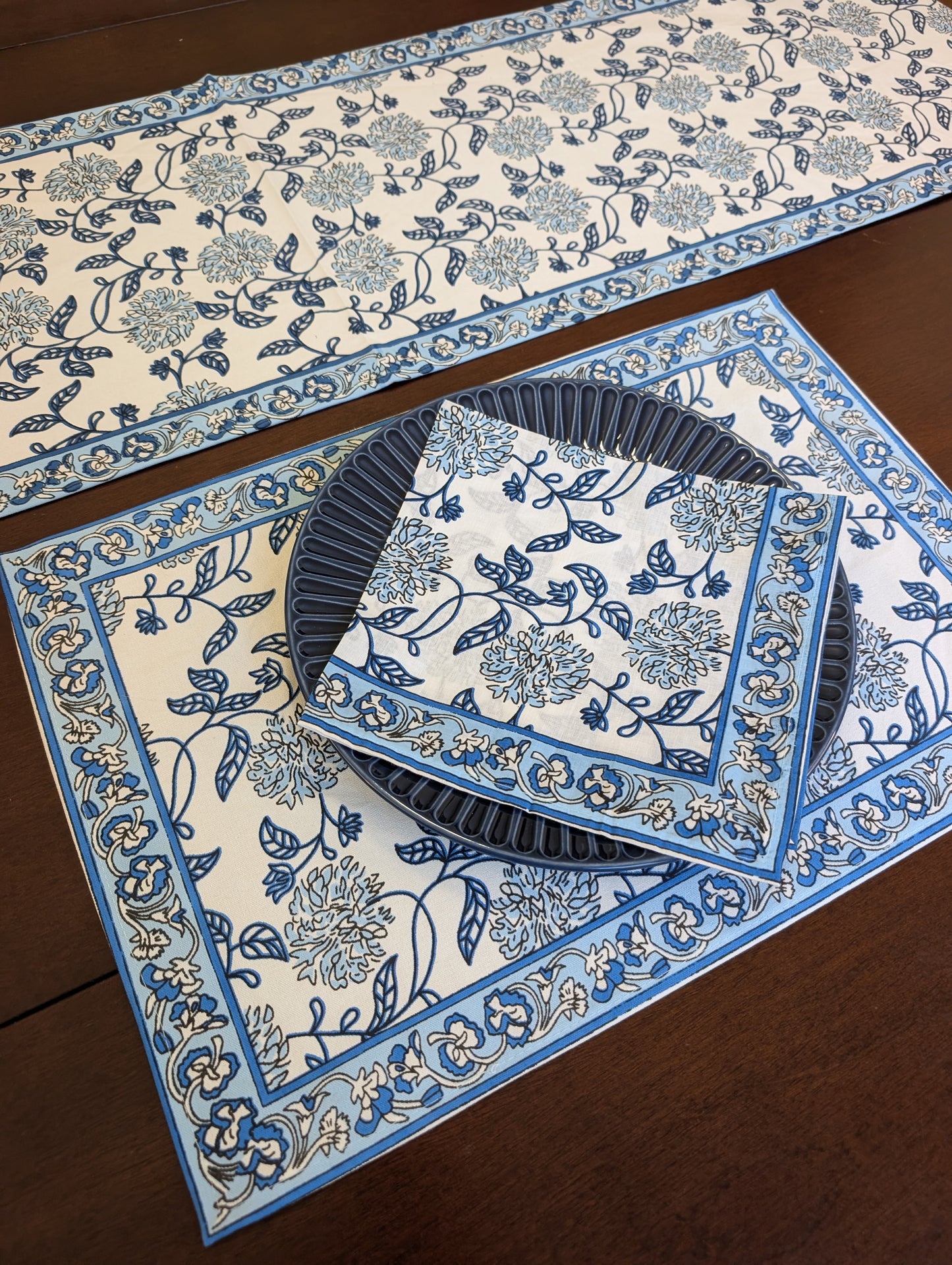 Blue Marigold Block-Printed Table Linen