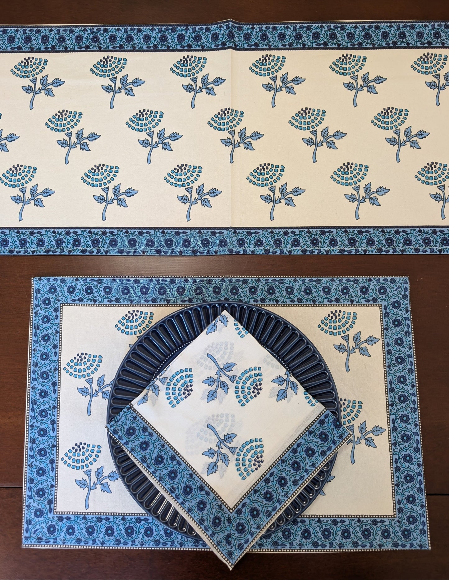 Indigo Flowers Block-Printed Table Linen