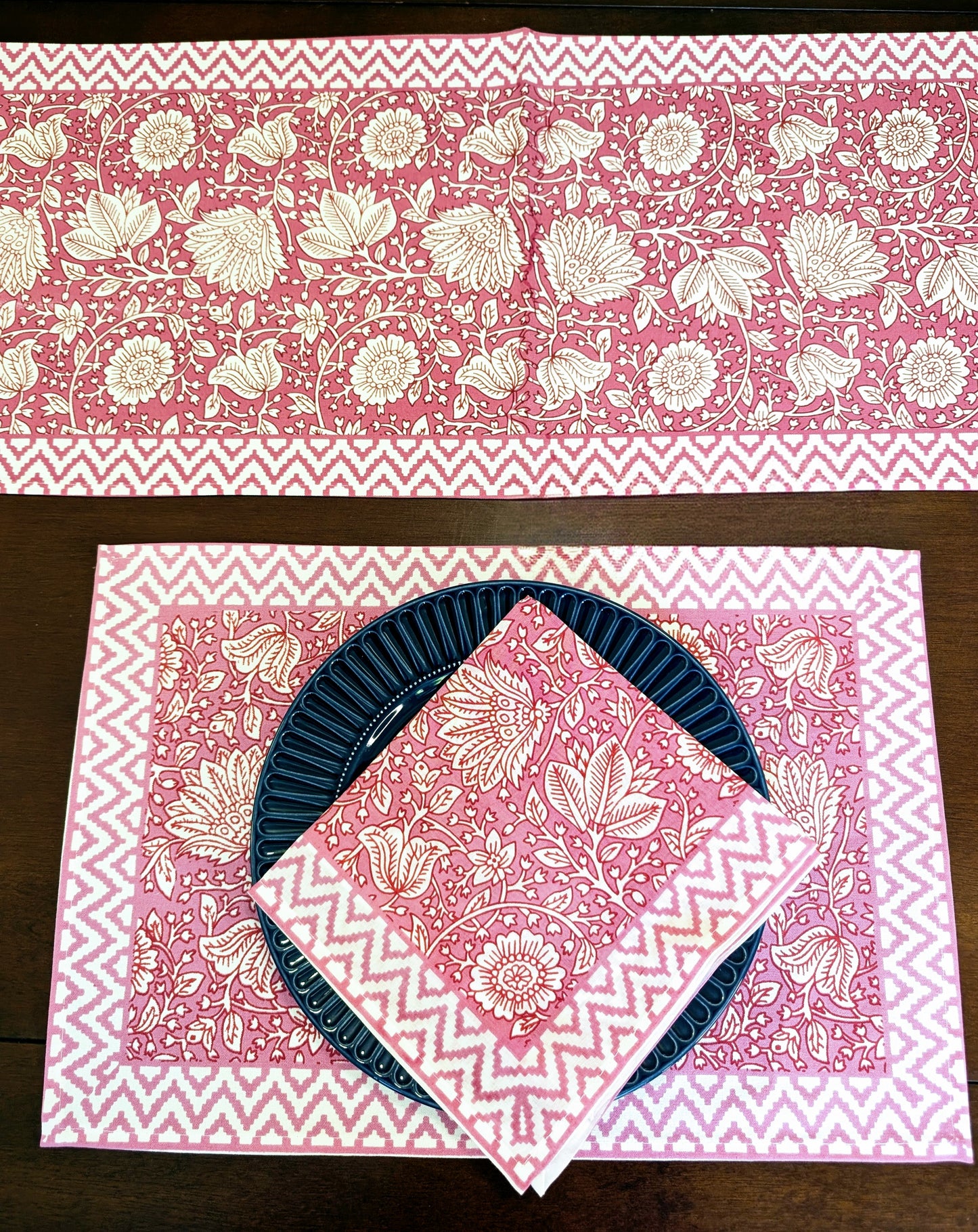 Pink Floral Block-Printed Table Linen