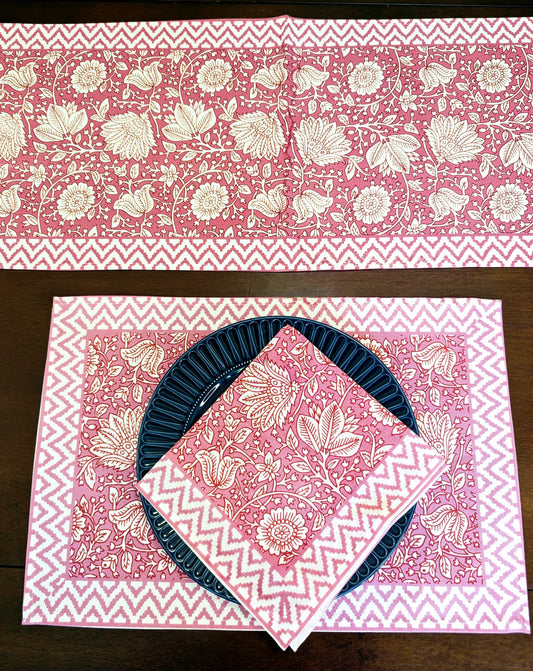 Pink Floral Block-Printed Table Linen