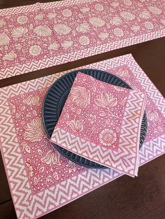Pink Floral Block-Printed Table Linen