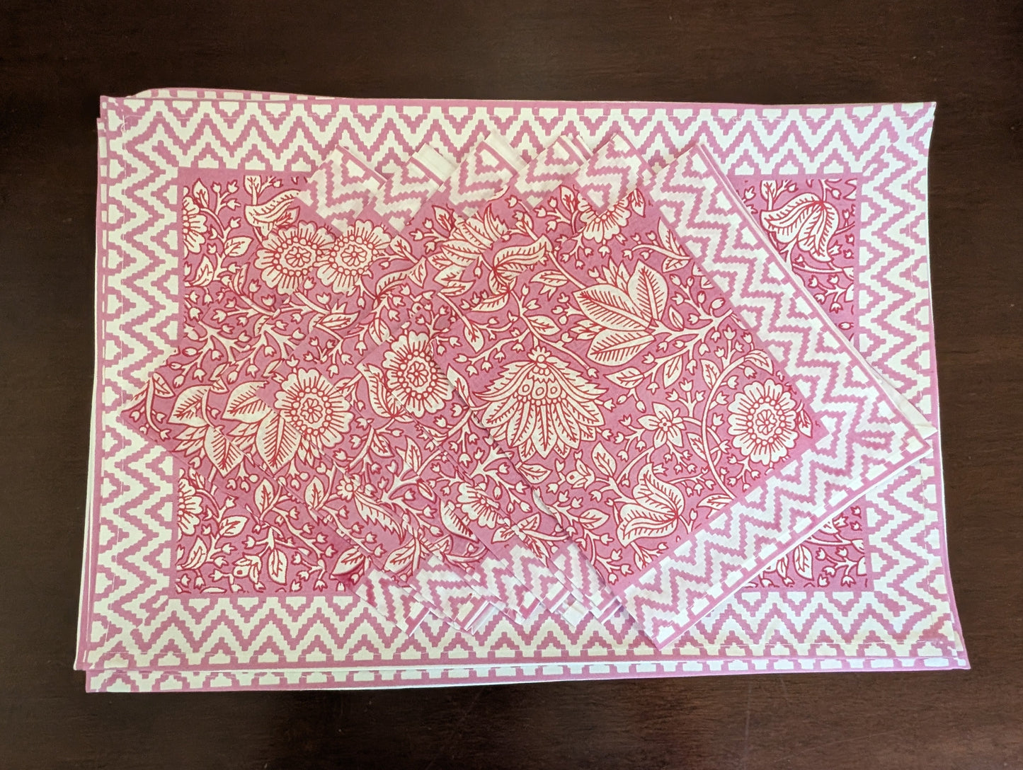 Pink Floral Block-Printed Table Linen