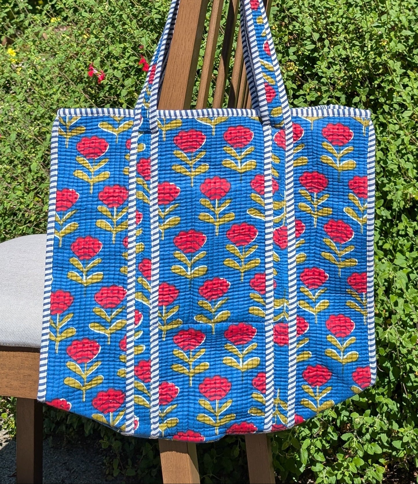 Red Tulips in Blue Tote