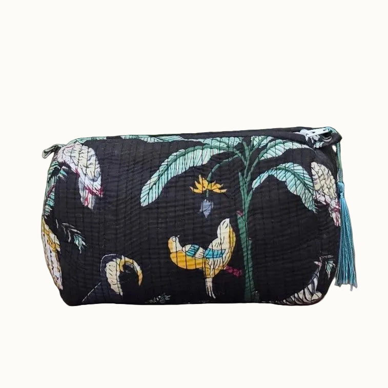 black jungle print makeup bag with tassles and waterproof lining and pockets