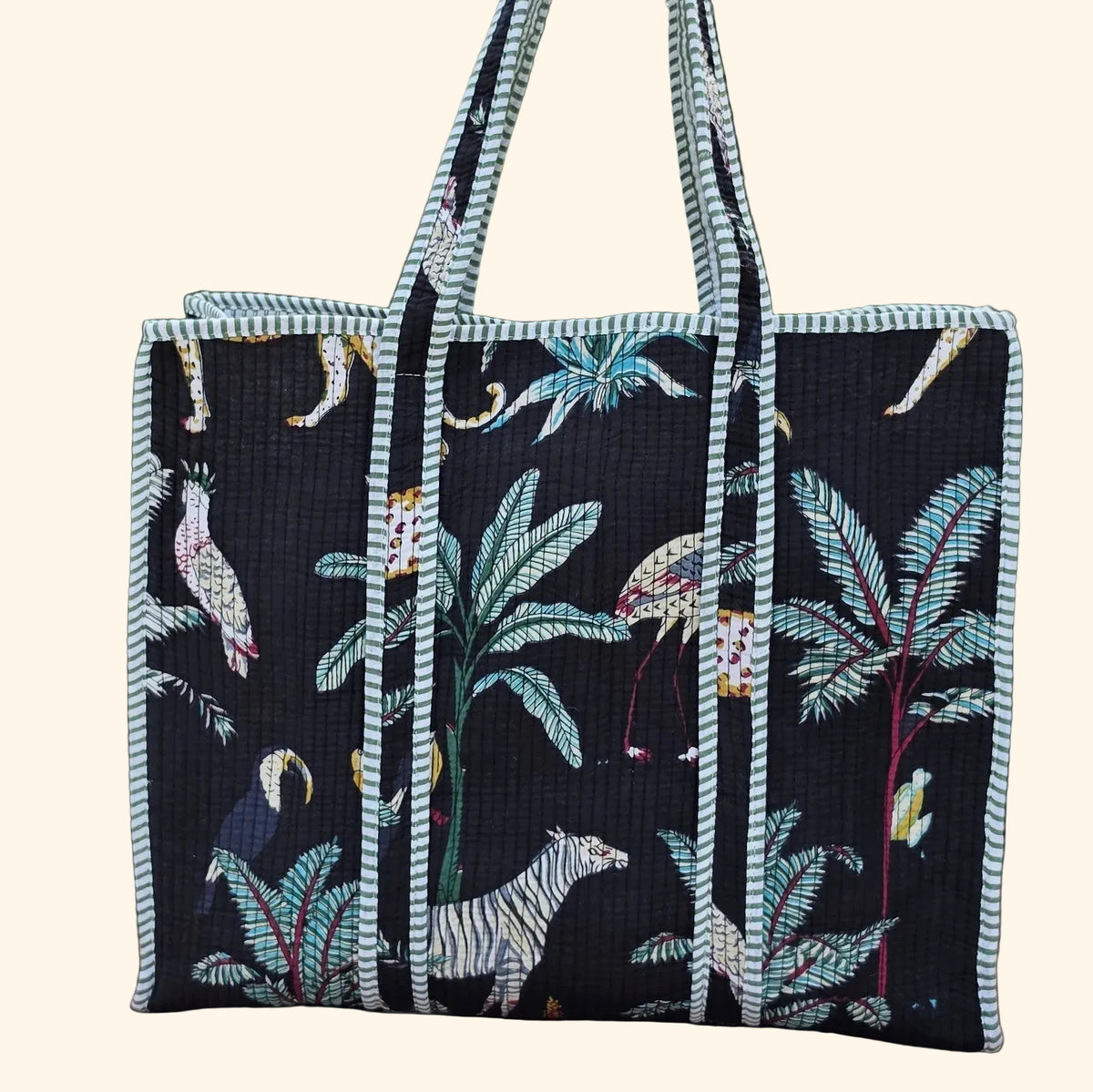 black jungle print quilted cotton tote bag reversible machine washable with pockets