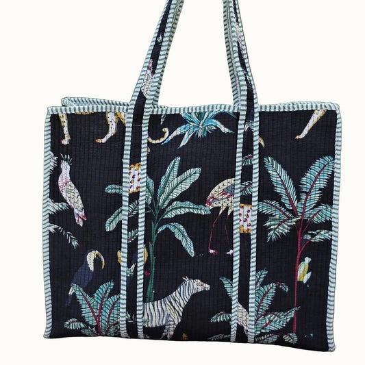black jungle print quilted cotton tote bag reversible machine washable with pockets