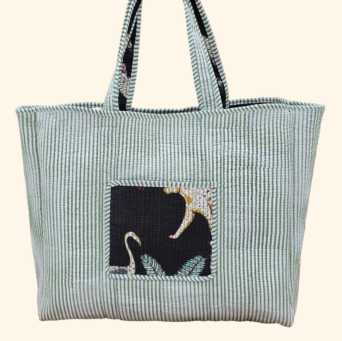 black jungle print quilted cotton tote bag reversible machine washable with pockets reversible plain shot