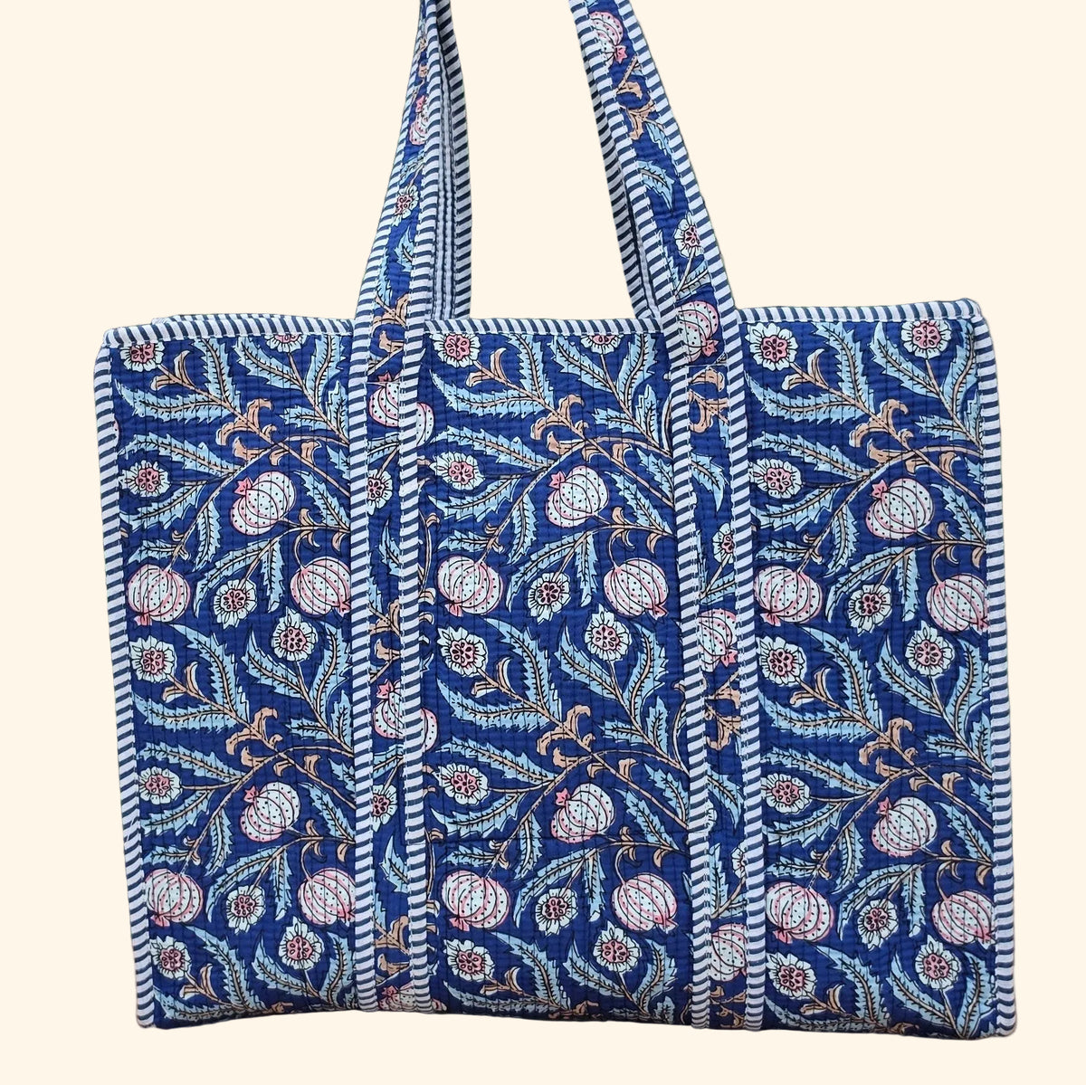 blooming blue pomegranates quilted cotton tote bag reversible machine washable with pockets plain image