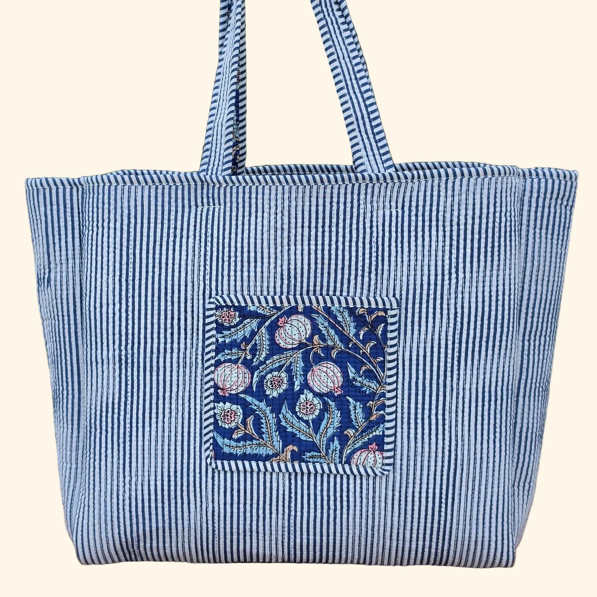 blooming blue pomegranates quilted cotton tote bag reversible machine washable with pockets plain reverse image