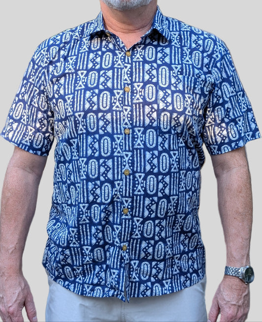 unisex white and blue batik patterned short sleeve button down shirt with pocket and wooden buttons