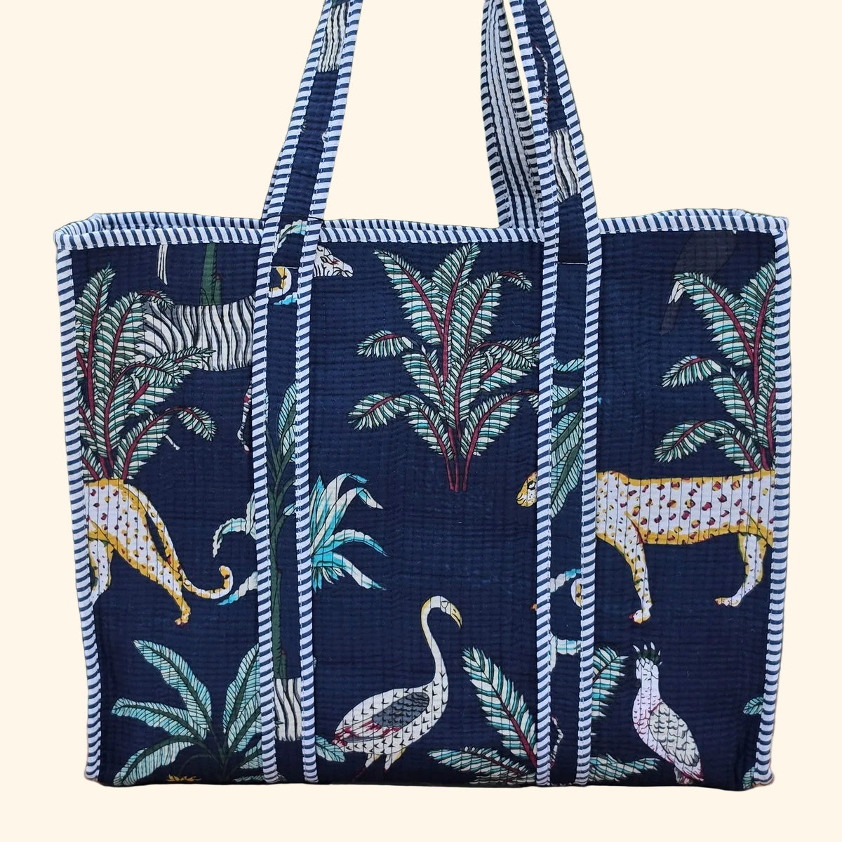 blue jungle print quilted cotton tote bag reversible machine washable with pockets