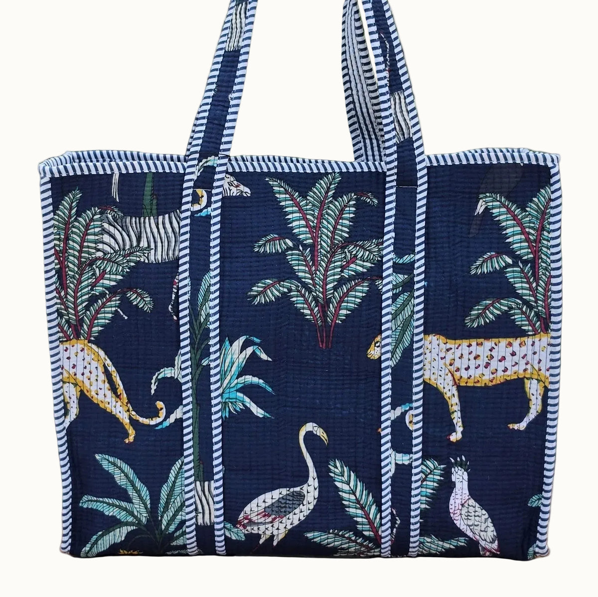 blue jungle print quilted cotton tote bag reversible machine washable with pockets