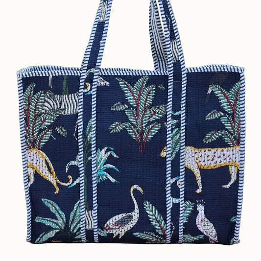 blue jungle print quilted cotton tote bag reversible machine washable with pockets
