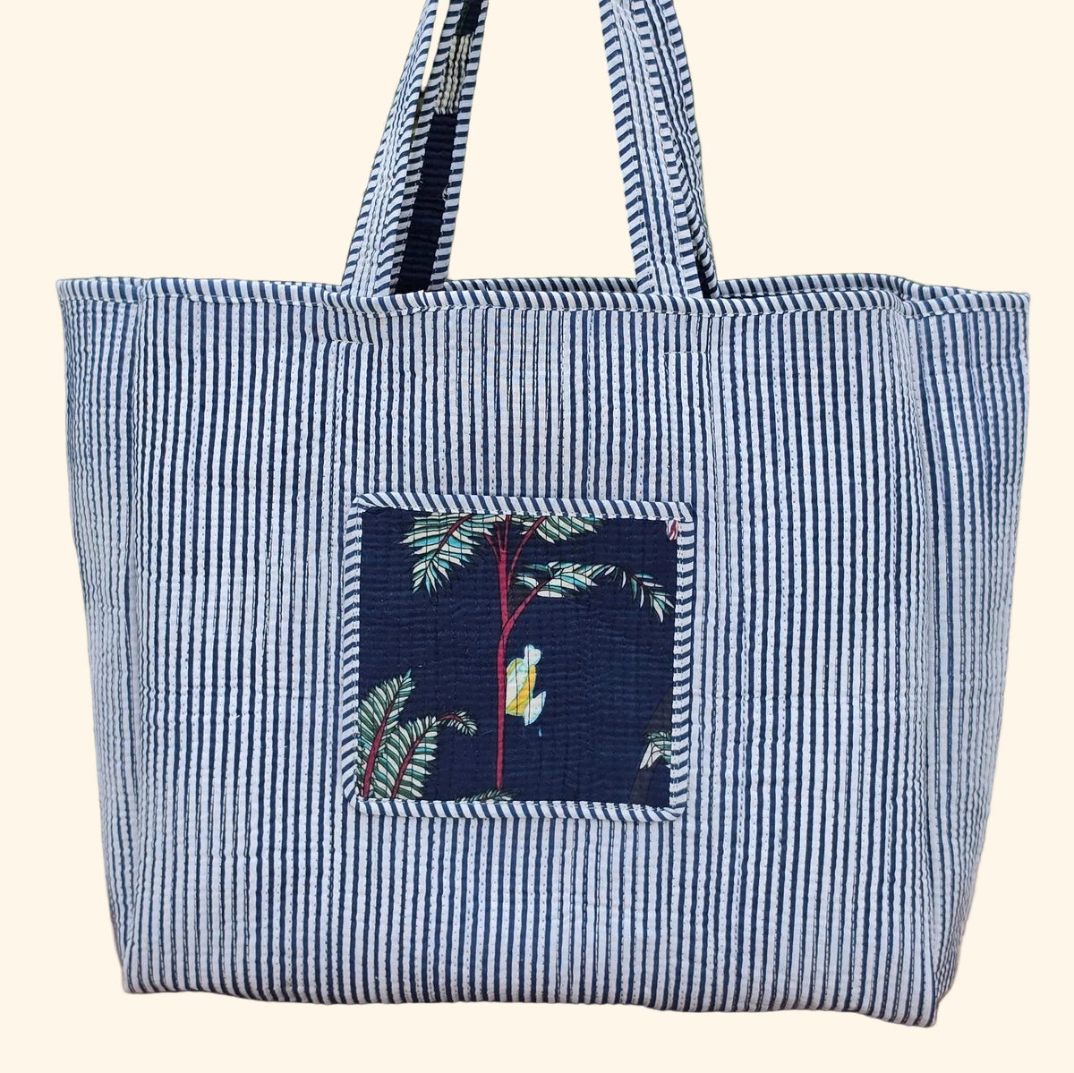blue jungle print quilted cotton tote bag reversible machine washable with pockets reversible plain shot