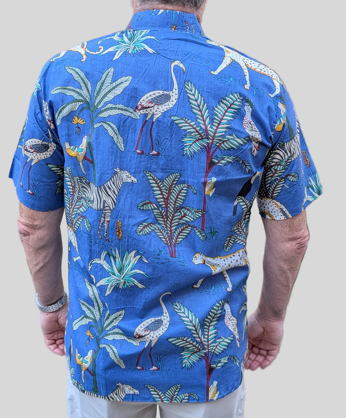 unisex blue color jungle tropical print short sleeve button down shirt with wooden buttons