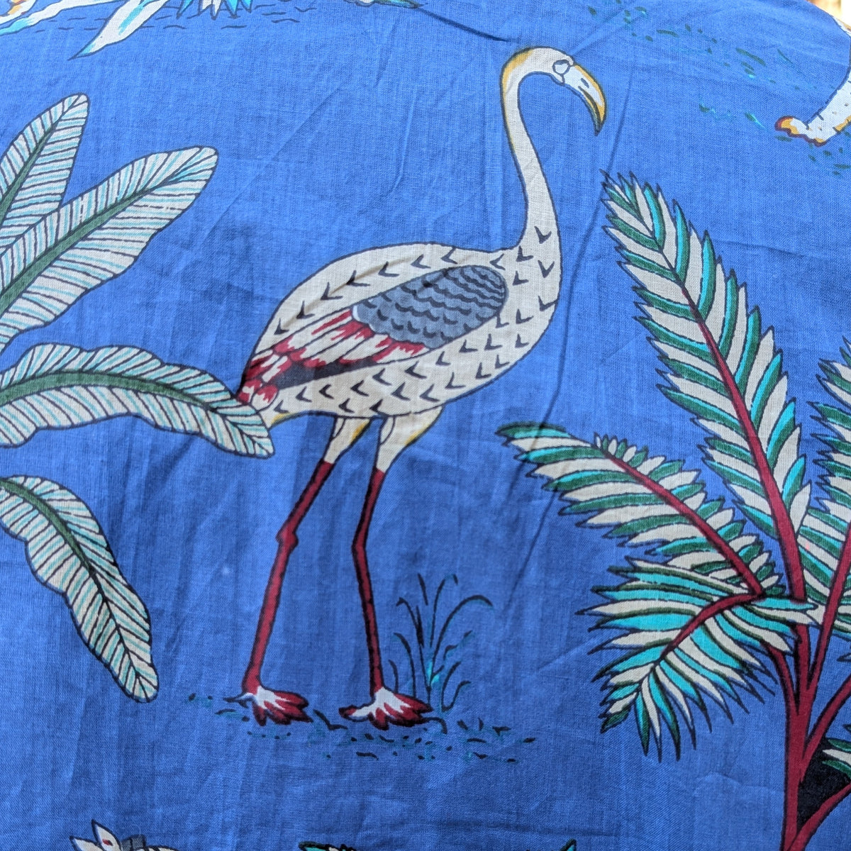 unisex blue color jungle tropical print short sleeve button down shirt with wooden buttons