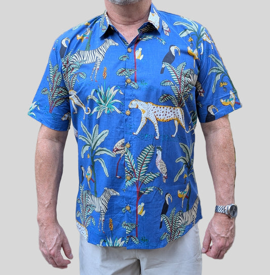unisex blue color jungle tropical print short sleeve button down shirt with wooden buttons