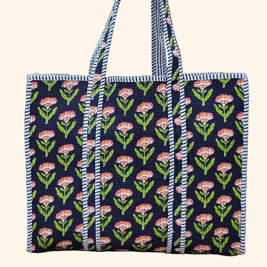blue pink and orange floral print quilted cotton tote bag reversible machine washable with pockets plain image