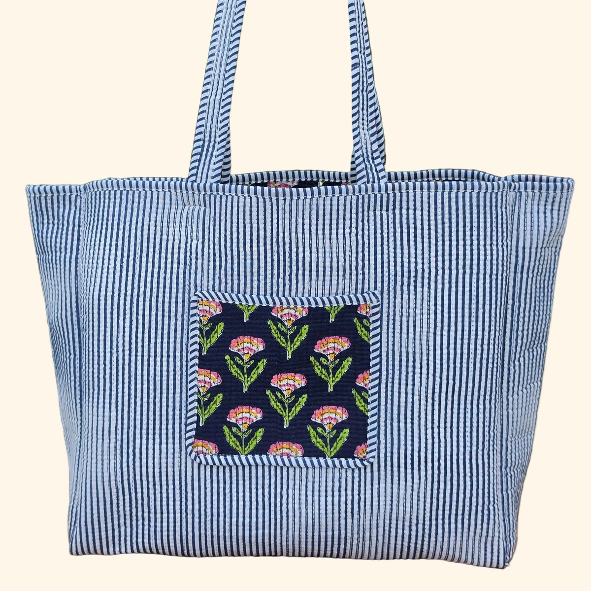 blue pink and orange floral print quilted cotton tote bag reversible machine washable with pockets plain reverse image