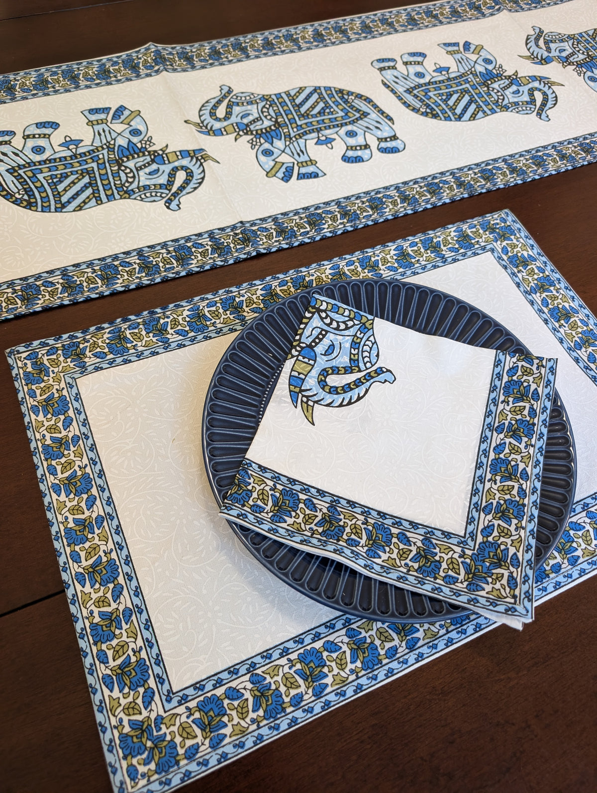 cotton table linen sets placemat napkin runner with big elephant pattern