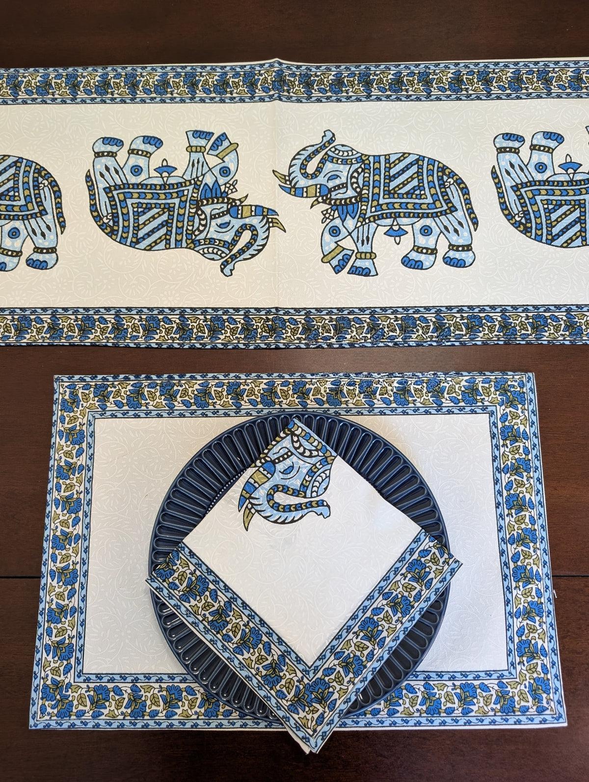 cotton table linen sets placemat napkin runner with big elephant pattern