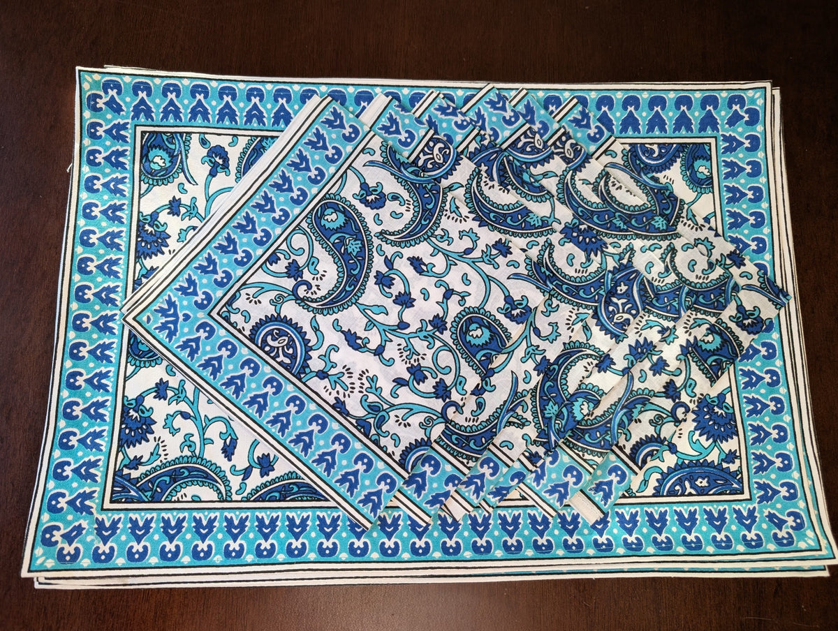 cotton table linen sets placemat napkin runner with blue and white paisley pattern