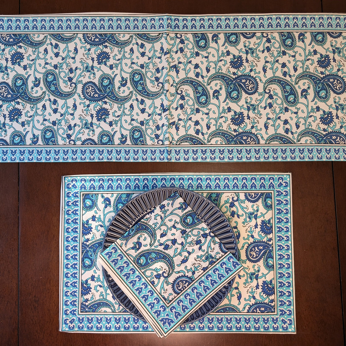 cotton table linen sets placemat napkin runner with blue and white paisley pattern