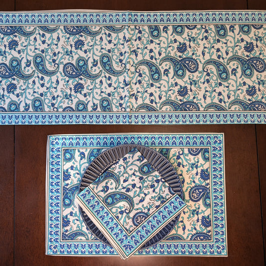 cotton table linen sets placemat napkin runner with blue and white paisley pattern