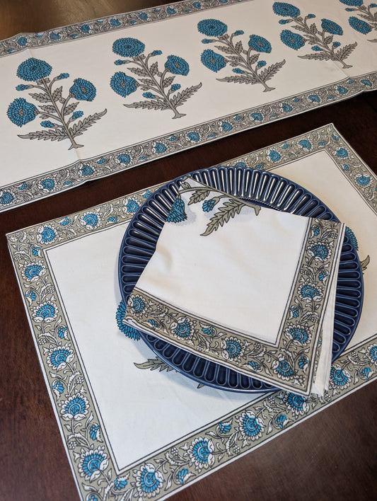 cotton table linen sets placemat napkin runner with blue and white tulip floral pattern top view