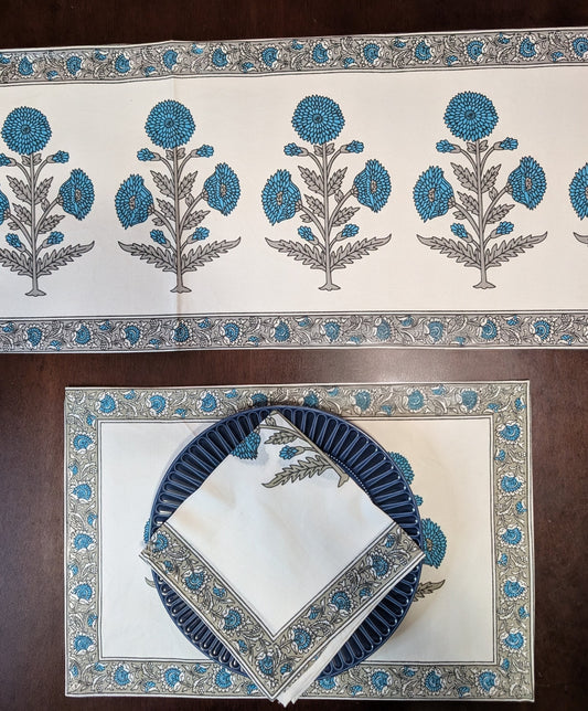 cotton table linen sets placemat napkin runner with blue and white tulip floral pattern top view