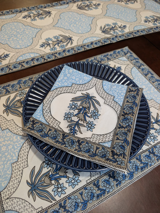 cotton table linen sets placemat napkin runner with blue geometric floral pattern