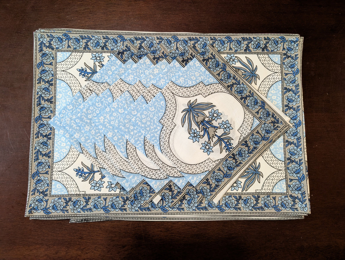 cotton table linen sets placemat napkin runner with blue geometric floral pattern