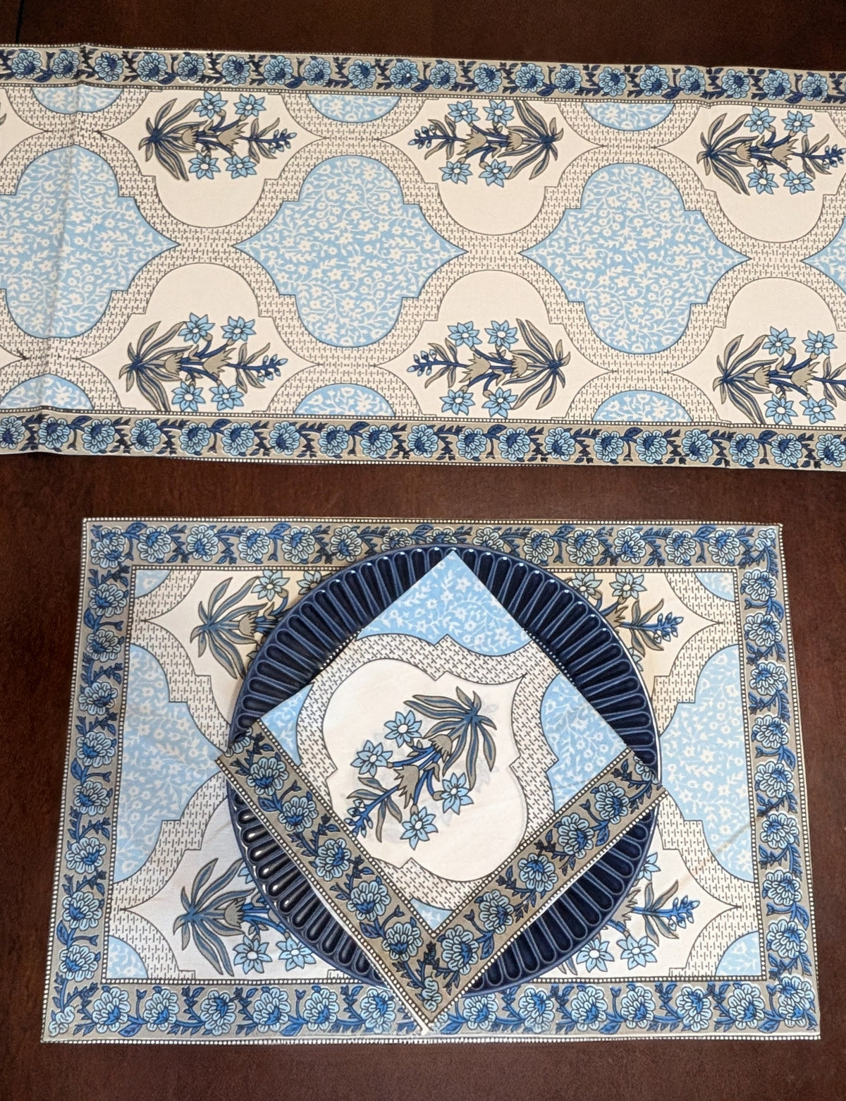 cotton table linen sets placemat napkin runner with blue geometric floral pattern