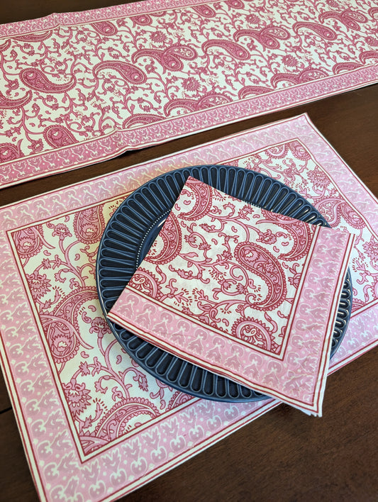 cotton table linen sets placemat napkin runner with blush pink and white paisley pattern