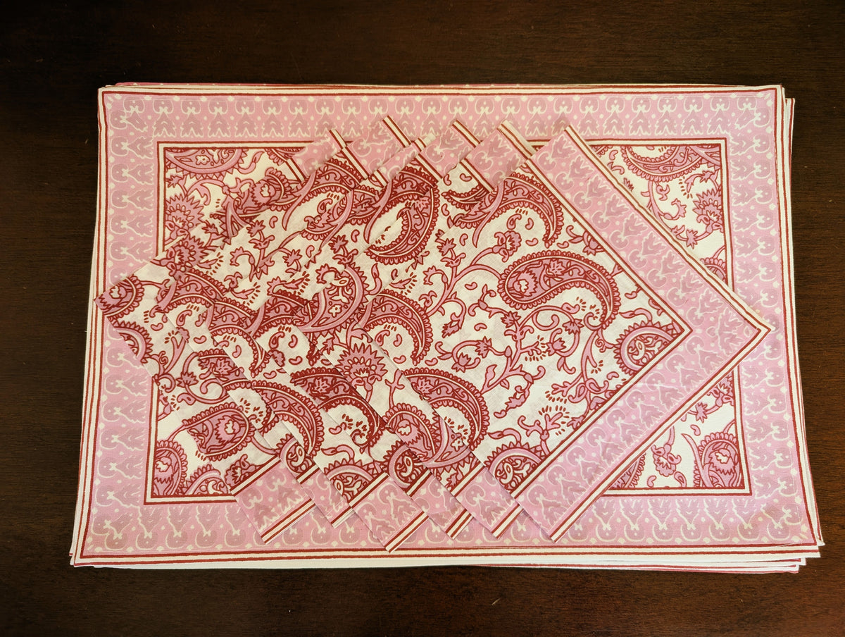 cotton table linen sets placemat napkin runner with blush pink and white paisley pattern